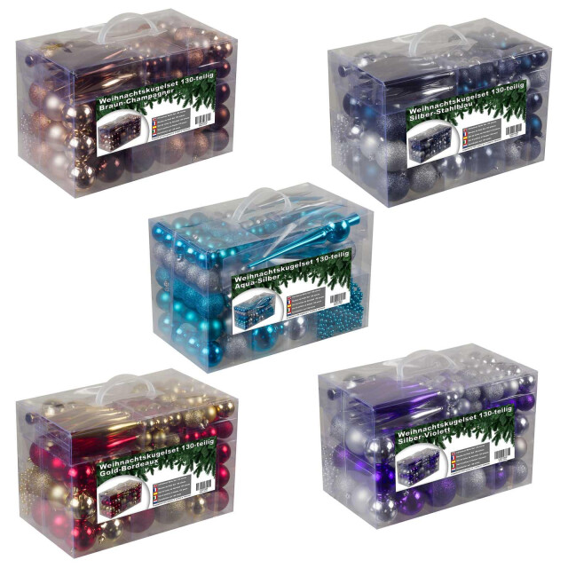 4seasonz ® kunststof kerstballen set 130 ballen, piek en snoer /blauw