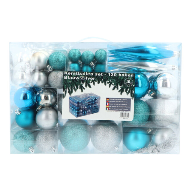 4seasonz ® kunststof kerstballen set 130 ballen piek en parelsnoer blauw/