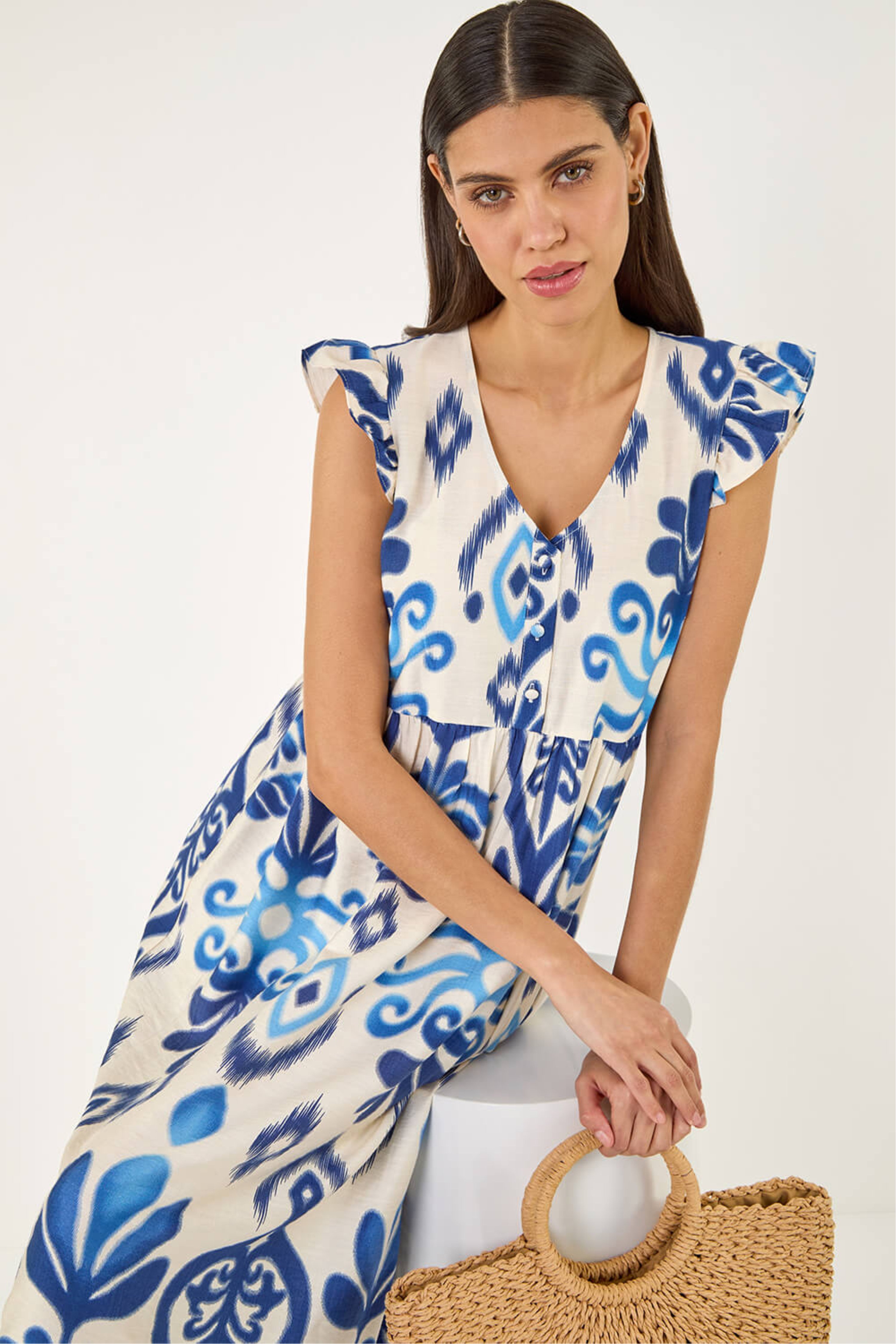 Abstract Faster Abstract Print Frill Detail Midi Dress