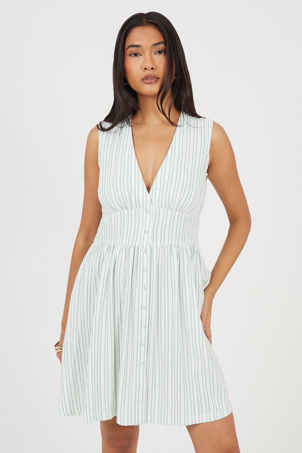 Pattern Making On Neckline Green Stripe Sleeveless Mini Dress With Button Details