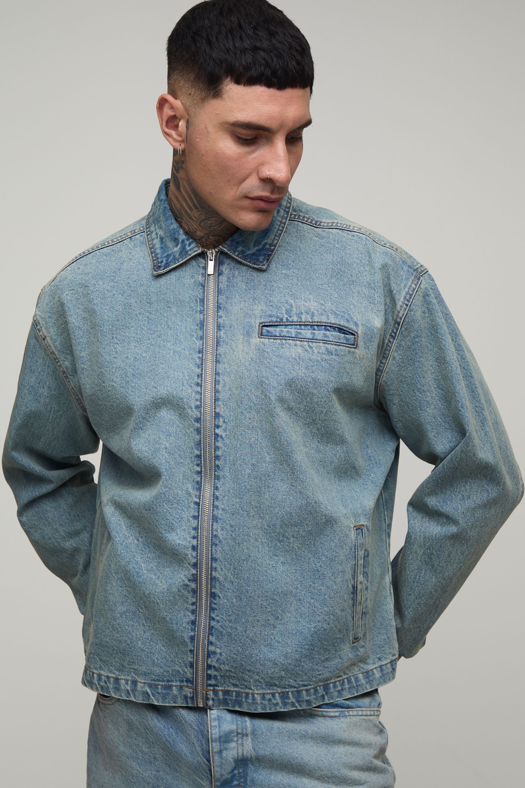 Basic Frame Gray Tall Basic Boxy Denim Harrington Jacket