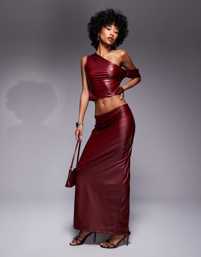 ASOS DESIGN wetlook midi skirt in burgundy