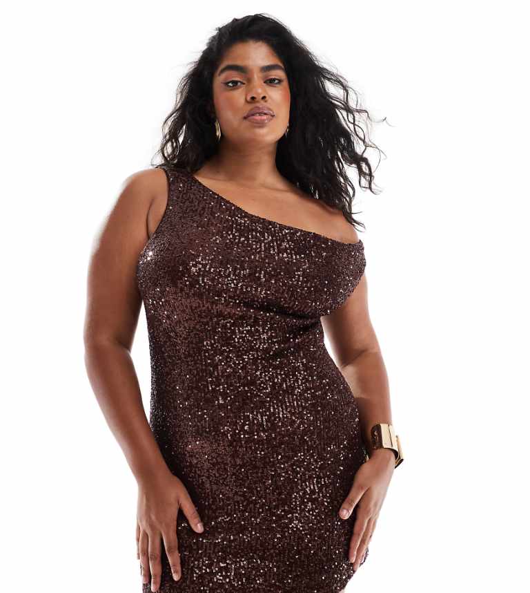 Code Design Frock ASOS DESIGN Curve sequin asymmetric off shoulder mini dress in chocolate
