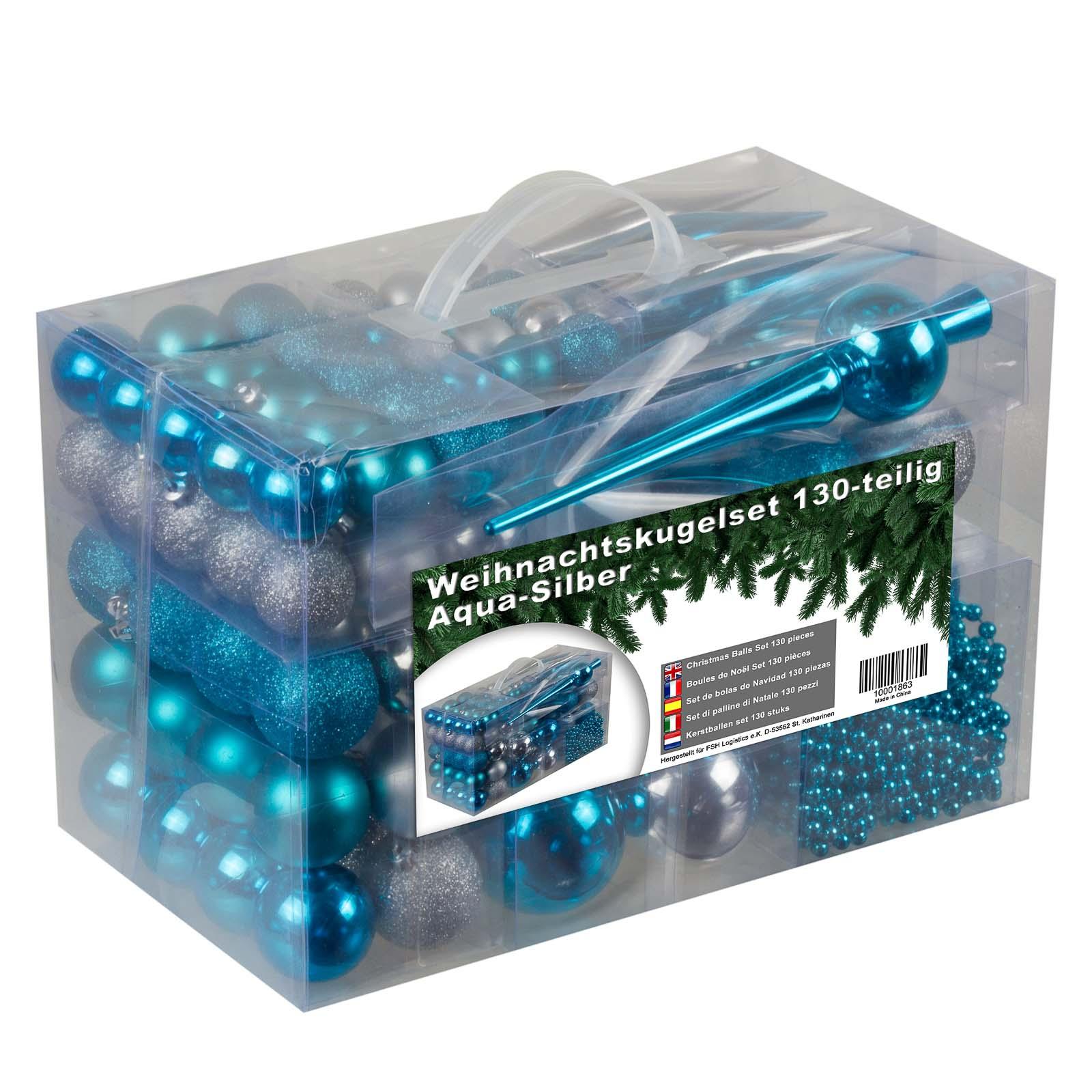 4seasonz ® kunststof kerstballen set 130 ballen piek en parelsnoer blauw/