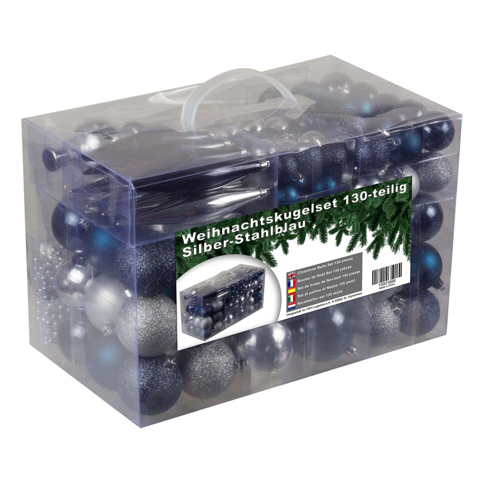 4seasonz ® kunststof kerstballen set 130 ballen, piek en snoer /blauw