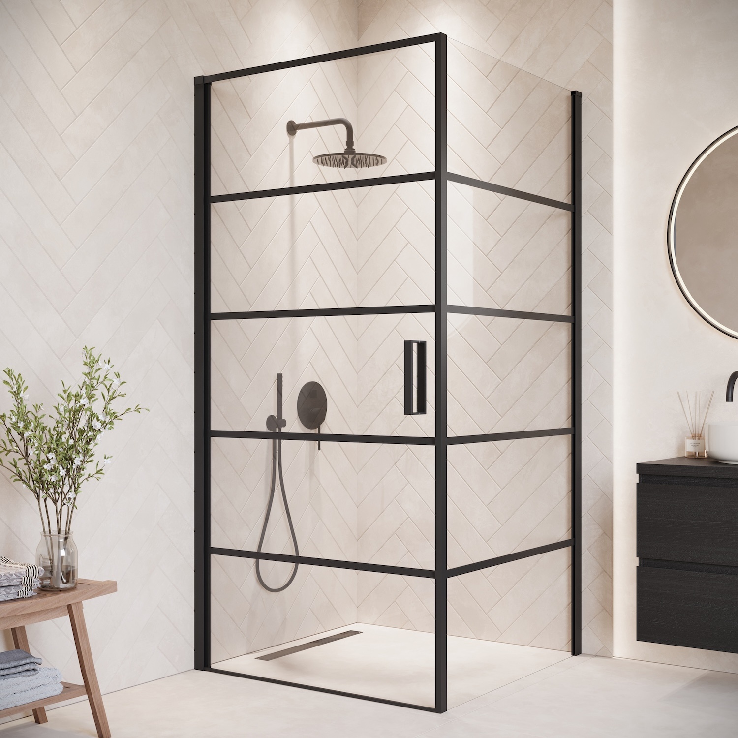 Badplaats Douchecabine alava 80 x 80 x 190 cm zwart met lijnen douchewand