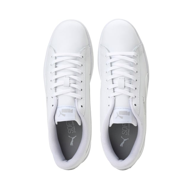White PUMA Smash v2 trainers sold through Secret Sales, photographed from above with white laces and subtle PUMA branding.