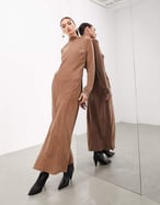 ASOS EDITION long sleeve high neck maxi dress in brown-Black