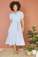Blue Cotton Striped Midi Shirt Dress