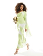 ASOS DESIGN satin one shoulder flare sleeve maxi dress with back detail in  green abstract-Multi