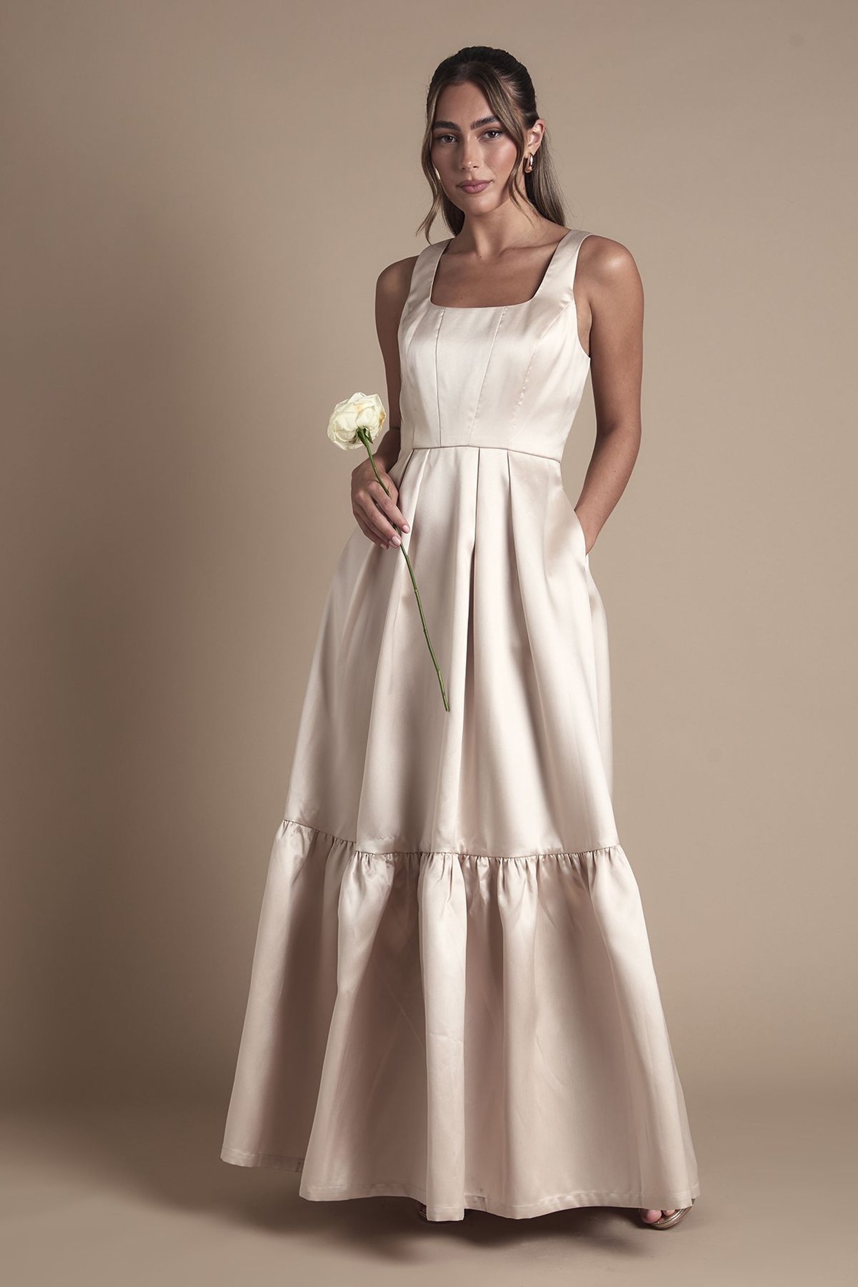 sachin and babi light blue dress Champagne MissPap Premium Satin Racer Open Back Bridesmaid Dress