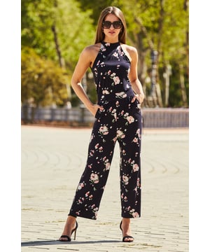 Navy floral high neck print jumpsuit with tie front shop