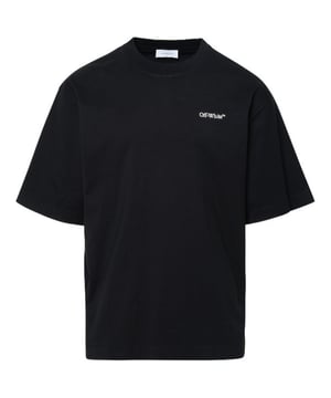 Blijf stijlvol met dit Off-White Skate Fit T-shirt. Dit T-shirt heeft een iconisch logo op de borst en zal zeker een gespreksstarter zijn. Pronk met je unieke stijl!, Iconisch logo op de voorkant, Pijlontwerp op de achterkant, Gebroken wit zwart T-shirt, Skate-pasvorm, 100% katoen, Gemaakt in Portugal, Ronde hals, Streetwear, Korte mouwen, Zwart T-shirt, Streetwear