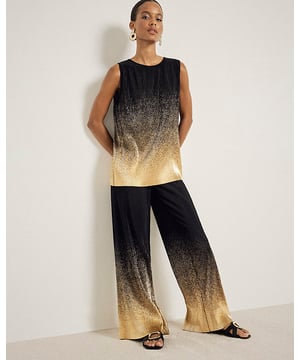 Plisse fabric, Ombre print, Foil embellishment, Wide leg, Elasticated waist
