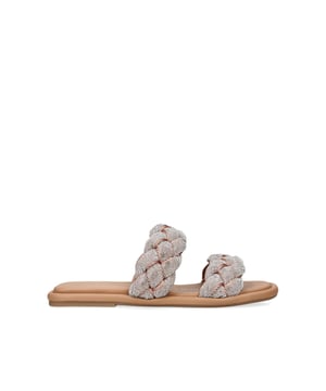 The KG Kurt Geiger Rogan Plait is a slip on sandal with two crystal plaited straps across the foot. The footbed is padded for comfort.