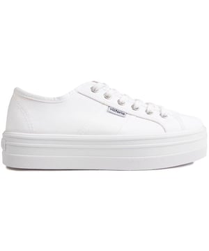 Bring Some Life And A Little Retro Vibe Into Your Trainer Collection, With The Women's Platform Plimsole From Victoria. Crafted From Strong Canvas, The Stylish All-in-white Trainers Are Finished With A Vulcanised Rubber Sole And Metal Eyelets.