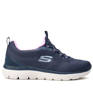 Zapatillas Skechers Summits para mujer en color azul, confeccionadas en tejido y suela de goma. Incluye: plantilla de espuma viscoelástica, lavables a máquina, sin cordones, ligeras y veganas.