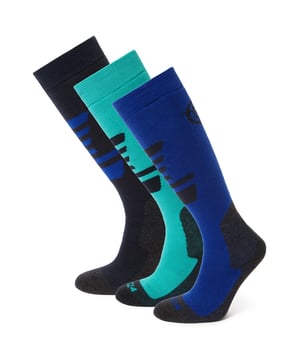 Our Bergenz Ski Socks are designed to be the perfect ski sock for anybody, no matter their level of ski expertise. Made from an ultra comfy merino blend, these socks have comfort at their core. Key sections of the sock are cushioned to prevent blistering and discomfort on the skin, keeping the cushioning focussed on key, high-contact, parts of the foot and shin stops these socks being too heavy and cumbersome, ensuring great flexibility on the slopes. Re-inforced heel and toe areas offer additional protection and non-slip cuff grips keep your socks where you need them to be. These 3 Packs give you 3 pairs of socks in a range of colours, so you can look as good as you feel.