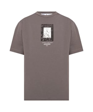 Blijf stijlvol met dit Off-White Grijze T-shirt. Dit T-shirt heeft een iconisch logo op de borst en zal zeker een gespreksstarter zijn. Pronk met je unieke stijl!, Gebroken wit logo, Gebroken wit grijs T-shirt, 100% katoen, Gemaakt in Italië, Ronde hals, Streetwear, Korte mouw, Grijs T-shirt