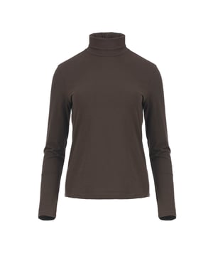Braunes Jersey-Top mit Rollkragen. Lange Ärmel. Tailliert. Maße für Größe 36/S (in cm): Schulter – 35, Brust – 39, Taille – 36, Unterteil – 43, Ärmellänge – 59, Körperlänge – 57. 92 % Baumwolle – 8 % Elastan. Zubehör ist nicht im Lieferumfang enthalten.