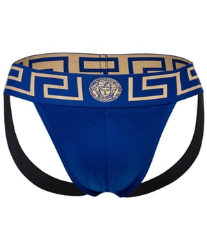 Eleganter Herren Jockstrap der Marke VERSACE. Hochwertiger Slip mit Greca-Muster und Medusa-Motiv am elastischen Bund. Sehr hohe Qualität.