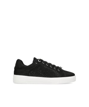 The KG Kurt Geiger Lillian is a black sneaker with crystal embellishment on the heel and side panels. There is a silver KG Kurt Geiger stud on the tongue and heel.