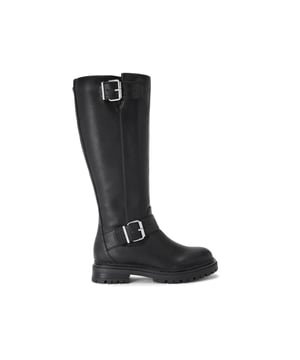 The KG Kurt Geiger Taylor is a tall boot crafted from a textured black leather alternative. There are two buckled strap across the shaft and ankle. The sole is in black with tread detail.