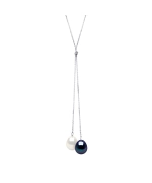 Halskette You & Me 2 echte Süßwasser-Zuchtperlen Birne 9-10 mm – FARBE NATURAL PEARL WHITE + SCHWARZ TAHITIAN STYLE – Kette Forçat Weißgold 375 – Länge 42 cm – Lieferung mit Echtheitszertifikat und internationaler Garantie – HERGESTELLT IN FRANKREICH -