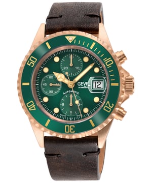 A distinctive, Swiss-made timepiece is always a sound investment. Artfully reminiscent of the famed New York City skyline, each watch in the Gevril Wall Street Swiss Automatic Chronograph Watch Collection commands attention with a stainless steel, architectural design.

The unidirectional rotating bezel frames sapphire-doomed, impressively highlights the chronograph sub dials at 3:00, 6:00 and 9:00 o’clock
anti-glare crystal. Detailed to perfection, a magnified lens showcases luminous indices and hands on a contrasting dial. Embrace the natural oxidation process as a testament to the enduring quality of bronze, symbolizing its ability to withstand the test of time while acquiring a captivating allure.  Form never suffers to function: each watch is water resistant for up to 100 meters and features a stainless-steel bracelet with folding deployment closure or a Genuine Italian Handmade Leather Strap.
The Wall Street Collection makes a strong statement.


Gevril 4166 Men’s Wall Street Bronze Chronograph Swiss Automatic Watch

Gevril Mens Swiss Automatic Watch from the Wall Street Bronze Chronograph Collection
44mm Bronze Brushed Case, Green Ceramic Ring, Green Lacca dial, gold satin index
Embrace the natural oxidation process as a testament to the enduring quality of bronze, symbolizing its ability to withstand the test of time while acquiring a captivating allure.
Unidirectional rotating bezel, Bronze Crown with logo, Exhibition screw down case back
3 Chrono Sub dials, Date at 3 o'clock
Genuine Handmade Italian Brown Leather Strap with Bronze Brushed Buckle
Anti-reflective Sapphire Crystal
Water Resistant to 100 Meters/10ATM
Swiss Made Automatic Chronograph Movement ETA 7750