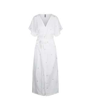 Este kimono que cae suavemente se puede combinar muy bien con una de nuestras series de trajes de baño. Los colores Angora, Blanco y Negro ofrecen algo para todos. Este imprescindible cuenta con bordes deshilachados y ojetes. El kimono tiene un cierre de cinturón.