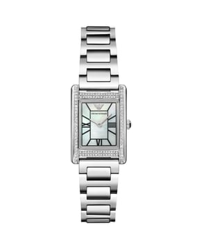 This Emporio Armani Genni Analogue Watch for Women is the perfect timepiece to wear or to gift. It's Silver  Rectangular case combined with the comfortable Silver Stainless steel watch band will ensure you enjoy this stunning timepiece without any compromise. Operated by a high quality Quartz movement and water resistant to 5 bars, your watch will keep ticking.