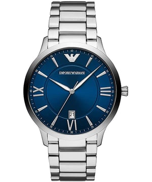 This Emporio Armani Giovanni Analogue Watch for Men is the perfect timepiece to wear or to gift. It's Silver 43 mm Round case combined with the comfortable Silver Stainless steel watch band will ensure you enjoy this stunning timepiece without any compromise. Operated by a high quality Quartz movement and water resistant to 5 bars, your watch will keep ticking. This fashionable and classic watch matches any outfit at any occasion,it adds style to your life -The watch has a calendar function: Date, Luminous Hands High quality 21 cm length and 20 mm width Silver Stainless steel strap with a Deployment clasp Case diameter: 43 mm,case thickness: 8 mm, case colour: Silver and dial colour: Blue