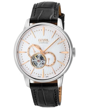 Reloj Automático Suizo para Hombre Gevril 9611 Mulberry

Caja de Acero Inoxidable 316L de 42 mm con Esfera blanca de textura en relieve  
Visual frontal con esqueletón a las 7, subesfera a las 2, segundero a las 4, subesfera de 24 horas a las 9  
Corona a presión/tirón  
Fondo de caja de zafiro exhibición atornillado  
Correa de Cuero Italiano Hecha a Mano en Negro con Hebilla de Lengüeta  
Cristal de Zafiro Curvado Doble Antirreflejante  
Resistente al Agua hasta 50 Metros/5ATM  
Movimiento Automático Suizo