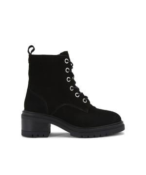This KG Kurt Geiger Crystal Lace Up Boot features a black suede upper with crystal eyelets at the front. There is a small gunmetal KGL stud at the back of the ankle.