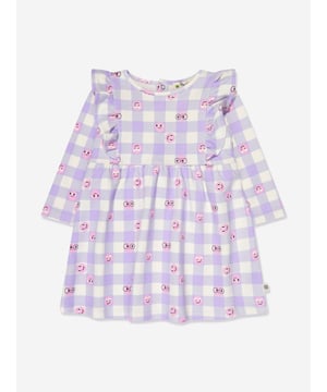 The Bonnie Mob depict passion and colour into their eco-friendly, sustainable abstracts. This baby girls lilac dress with frill shoulder dress is depicted in a  checkerboard design with happy faces. Crafted with press studs at the back for easy dressing, she will look effortlessly adorable. 100% GOTS certified Organic Cotton GOTS Certified Organic Brand Cotton Jersey