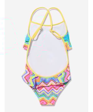 Nessi Byrd incorporate captivating materials into their everyday luxury swimwear. This girls Julie multicoloured swimsuit is reflective of the New York label's meticulous attention and preference for vibrant aesthetics. Crafted in a beautiful zigzag psychedelic pattern via tiered ruffles, bobbled yellow accessories, a scoop back and adjustable crisscross shoulder straps. 80% Polyamide 20% Elastane