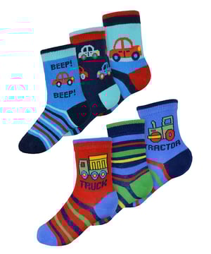 If you need to stock up on the little ones' sock drawer but want to make sure that you’ve got socks to last them as well being soft and comfy for their tiny feet then why not consider these great 6 Pack Cotton Rich Cars & Trucks Socks? Designed with you little boy in mind, these socks come with cute and colourful patterns of cars and trucks on them. With great blues, reds and green patterns, as well as a couple of striped socks, there's plenty for you to choose from in one pack. These baby boy socks are Cotton Rich which will make sure that their feet remain super soft and comfortable throughout the day. These socks come in 6 pairs with 3 patterns of cars & and 3 patterns of trucks on them and are available in 3 sizes: 0-6 Months, 6-12 Months & 12-24 Months. They are made from 78% Cotton; 20% Polyester; 2% Elastane and are Machine Washable.