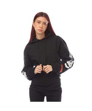 Womens Heron Preston Flaming Skull Cropped Hoodie in black - white.- Hooded.- Ribbed cuffs and hem.- White Flaming Skull design at sleeves.- White CTNMB logo at back.- Orange logo patch at sleeve.- Cropped.- 100% Cotton.- Ref: HWBB026F221001