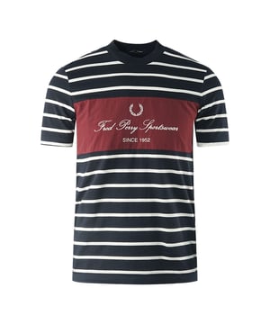 Fred Perry Embroidered Stripe Navy Blue T-Shirt. Stand out from the crowd with this Fred Perry Navy Tee, this tee which is made in China shows a bold branded logo on the chest. This tee has a striped design. Perfect to wear in any season. 100% Cotton, Large Brand Logo On Chest. Slim Fit, Round Neck, Short Sleeve. Panel Design with Signature Logo. Style: M8642 608