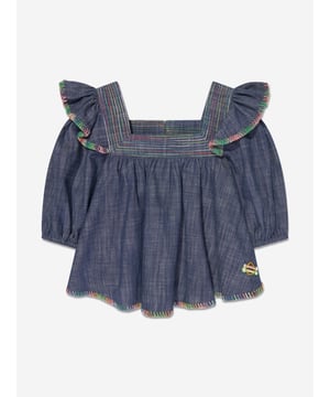 Australian label Zimmermann combine superior cutting with spellbinding silhouettes. This monsoon denim top is reflective of the brand's commitment to originality and high quality detailing. Crafted with a multi-hued embroidered trim, it features a square collar, a flounced trim on the shoulders and puff sleeves. It is complete with a small embroidered bee logo above the hem. Matching shorts are also available. Pure Cotton Button Fastening on Reverse 100% Cotton