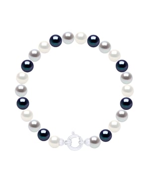 Armbandreihe aus echten Süßwasser-Zuchtperlen rund 6–7 mm – FARBE NATURWEISS + PERLGRAU + SCHWARZES TAHITI – Seeringverschluss Weißgold 375 
 - Länge 18 cm - Lieferung mit Echtheitszertifikat und internationaler Garantie - HERGESTELLT IN FRANKREICH