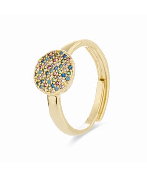 Veelkleurige Cuix-ring met zirkonia's in 18k goud. Africa Moda dompelt je onder in een wereld van levendige kleuren, prachtige texturen en handgemaakte ontwerpen die de essentie van jouw geest weerspiegelen.