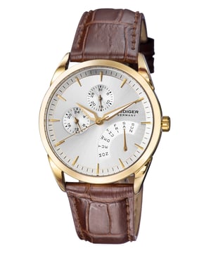 Reloj para hombres Rudiger Hamelin con esfera plateada y correa de cuero marrón.