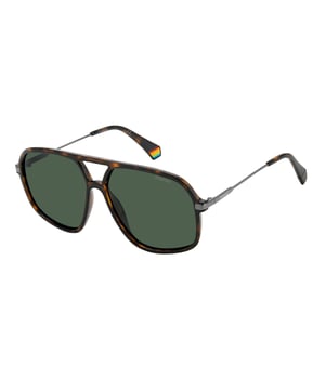 Unisex-Sonnenbrillen der Farbe Braun - Polaroid PLD6182S086UC• material: Kunststoff• farbe: Braun• maße: 59/13/140 mm (Glasbreite / Stegbreite / Bügellänge)  These unisex sunglasses are unequivocally modern: a double bridge defines the slender plastic mount. Narrow metal rods end up in comfortable plastic terminals, adorned with a touch of color: the iconic iconic rainbow of rubber of rubber