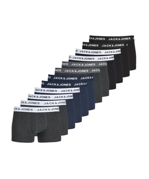 Herren-Boxershorts 12er-Pack Jacsolid der Marke Jack & Jones.  Marke: Jack & JonesModellname: 12er-Pack JacsolidKategorie: Herren-BoxershortsMaterialien: Baumwolle, ElasthanFarben: schwarz, blau, grau, weiß