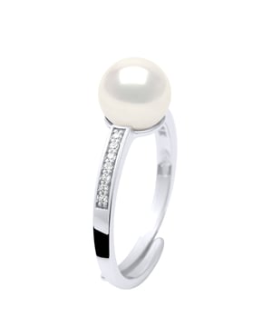 Ringschmuck – Echte Süßwasser-Zuchtperle rund 7–8 mm – Armreif-Schmuck Pavé-Zirkonia-Silber 925 rhodiniert – FARBE NATURWEISS – Größenverstellbar von Größe 48 bis Größe 62 – Lieferung in Box und mit Echtheitszertifikat und internationaler Garantie – HERGESTELLT IN FRANKREICH