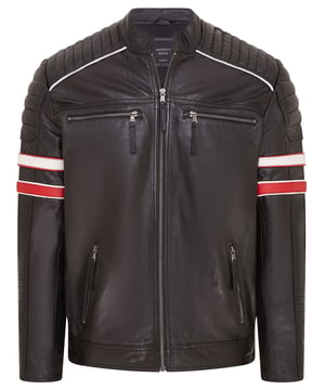 An homage to the racing legends of the Le Mans 50s era, this jacket features two racing bands on each of the sleeves that are the defining feature of this piece. The jacket is crafted with ultra-soft premium nappa leather with quilting around the shoulders which is separated from the upper chest by a white piped boundary, giving this piece a distinctly sporty aesthetic. The jacket interior is lined with a complimenting poplin fabric with integrated compartments to assist the front four zip pockets in providing secure storage. This jacket appears in a classic black colourway and a bold red which is a great choice when going for a more eye-catching look.

• 100% premium ultra-soft nappa leather.

• Two angled waist pockets and two zipped breast pockets

• Racing band features appearing on each sleeve

• Quilting on the shoulders and at the cuffs

• YKK zip fastening

• Short stand collar
