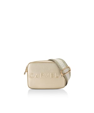 The Carvela Mini Frame Cross Body bag features a metallic gold textured exterior with embossed branding on the front, plus a branded woven strap. The bag is fastened with gone tone Icon C zipper. 12cm (H), 17cm (W), 6.5cm (D). Strap length: 126cm. Woven strap length: 119cm.