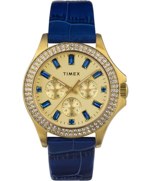 Deze Timex Kaia Multi Dial Horloge voor Vrouwen is het perfecte tijdsmeetinstrument om te dragen of cadeau te geven. De gouden 40 mm ronde kast in combinatie met de comfortabele blauwe leren horlogeband zorgt ervoor dat je zonder compromissen kunt genieten van dit schitterende horloge. Aangedreven door een hoogwaardige quartzbeweging en waterbestendig tot 5 bar, blijft je horloge doortikken. Onze Kaia multifunctionele horloge mengt fijne details met een beetje glans om je er op elk moment verzorgd en stijlvol uit te laten zien. Dit Multi Dial horloge heeft een kalenderfunctie: Dag-Datum, 24-uursweergave en lumineuze wijzers. Hoogwaardige blauwe leren band met een lengte van 19 cm en een breedte van 20 mm met een gesp. Kastdiameter: 40 mm, kastdikte: 11 mm, kastkleur: Goud en wijzerplaatkleur: Goud.