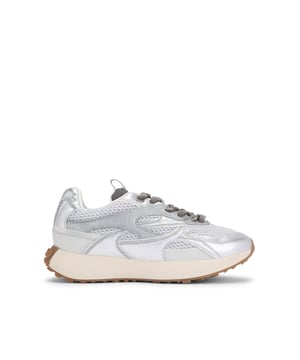 This Lavish sneaker arrives in a silver with mesh panelling. The front laces up with grey branding and hardware. The gum sole has KG Kurt Geiger branding.